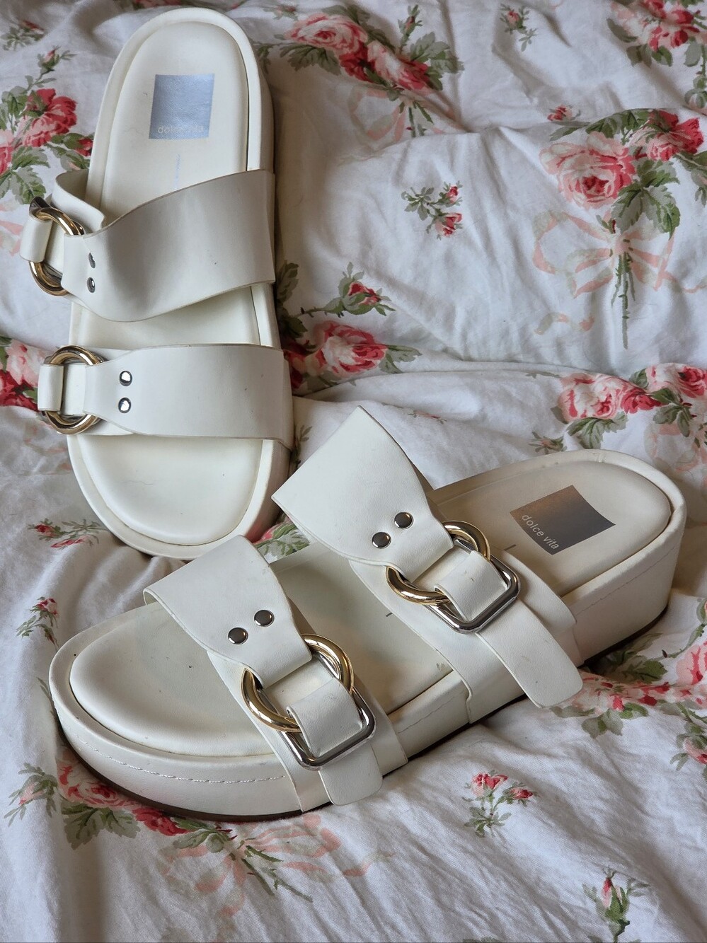 Dolce Vita Sz 8.5 White Double Buckle Platform Slide Sandal Clean Girl 🤍